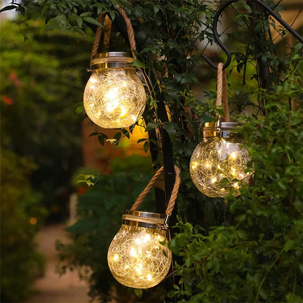 Solar Outdoor Hanging Lamp IP65 Waterproof Cracked Glass Jar