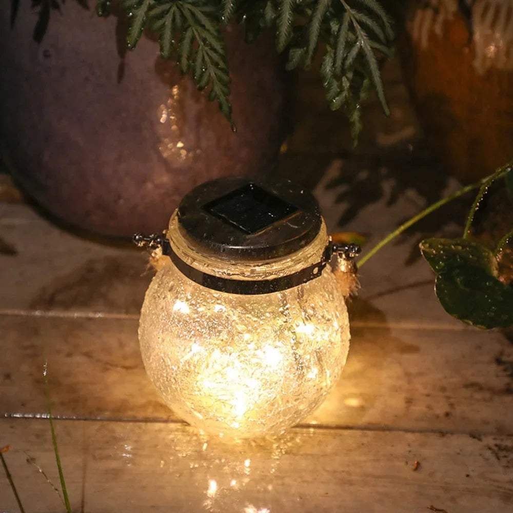 Solar Outdoor Hanging Lamp IP65 Waterproof Cracked Glass Jar