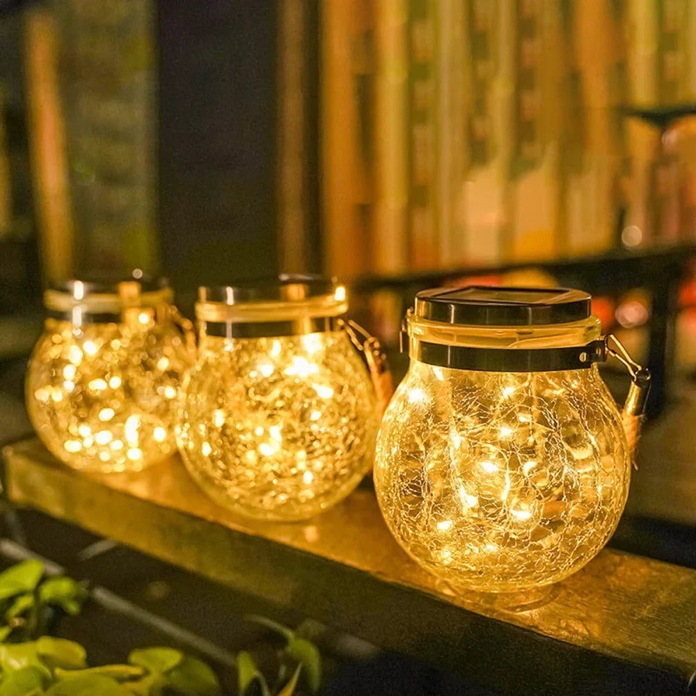 Solar Outdoor Hanging Lamp IP65 Waterproof Cracked Glass Jar