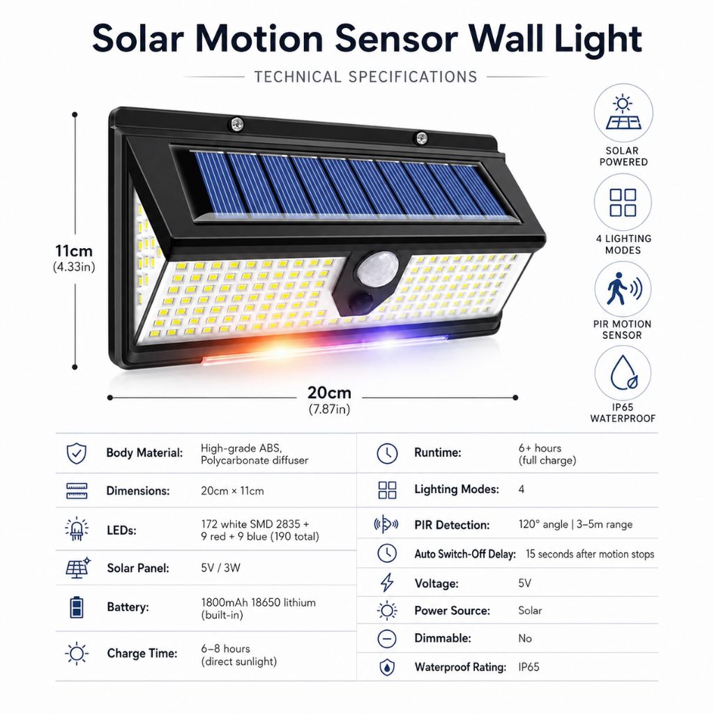 Solar Outdoor Wall Light LED PIR Motion Sensor IP65
