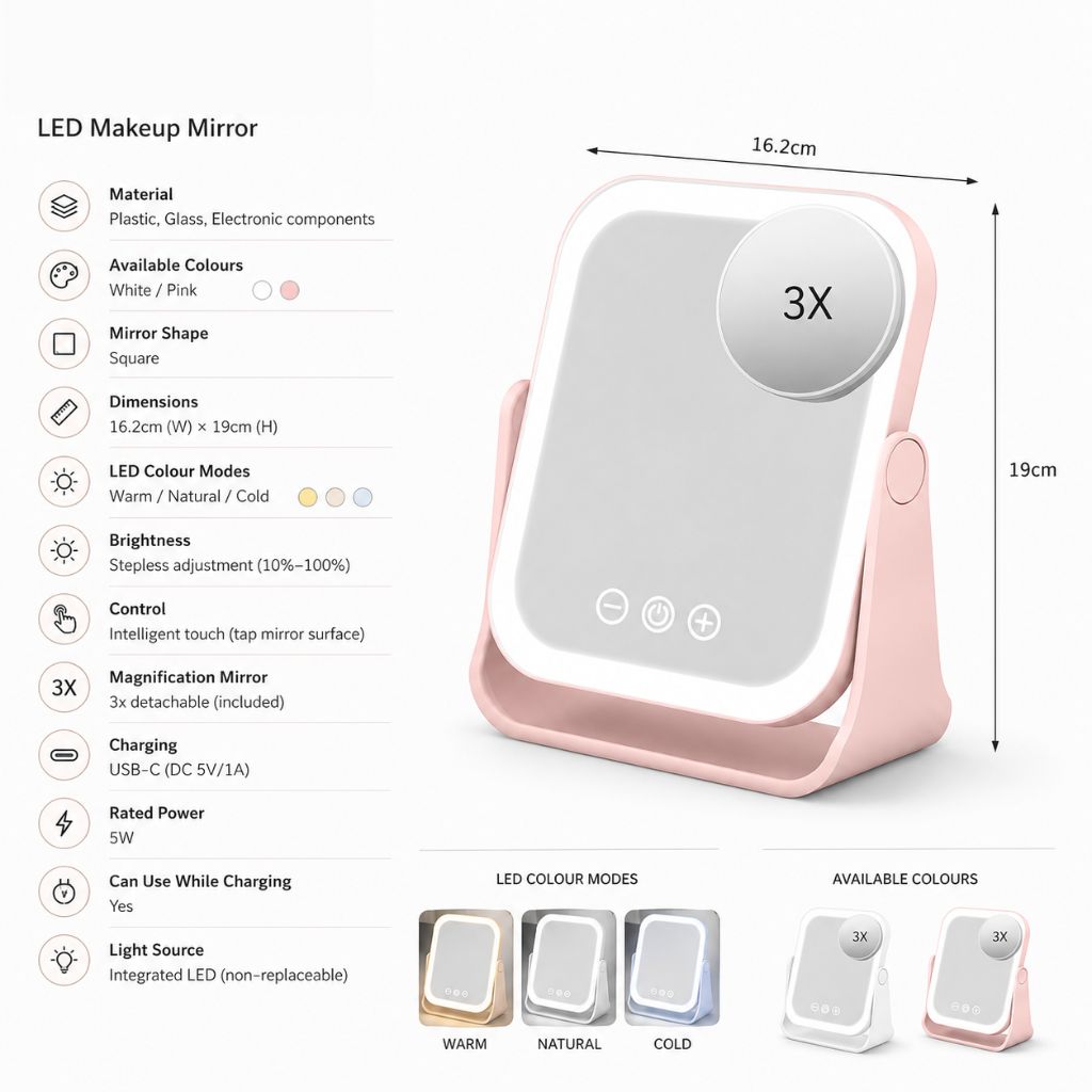 Square LED Makeup Mirror Portable Flip Rechargeable Touch Dimming