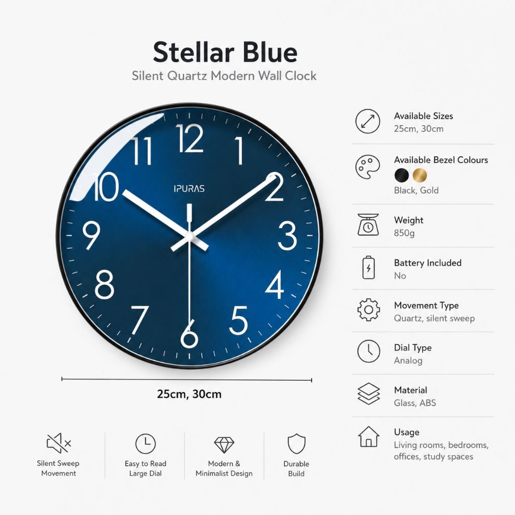Stellar Blue Silent Quartz Modern Wall Clock