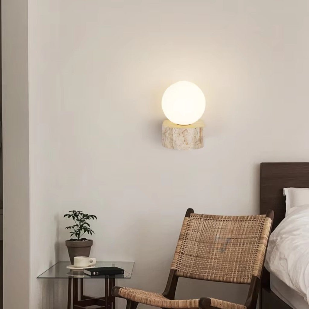 Travertine Stone Bedside Globe Wall Sconce Japanese Wabi Sabi