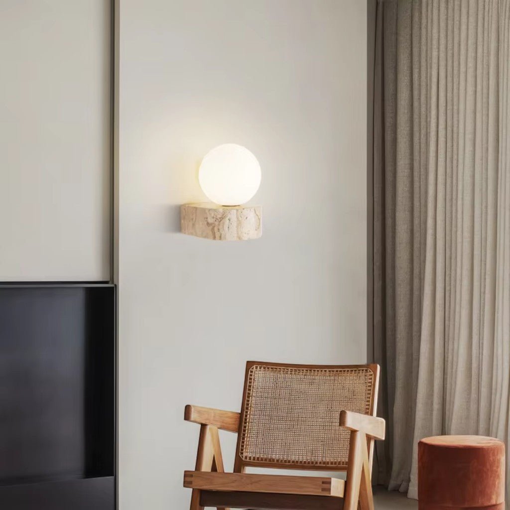 Travertine Stone Bedside Globe Wall Sconce Japanese Wabi Sabi