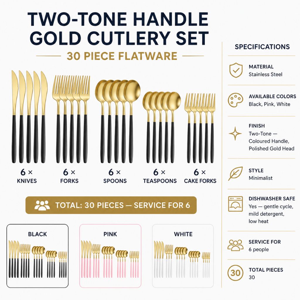 Two-Tone Handle Gold Cutlery Set - 30 Piece Flatware