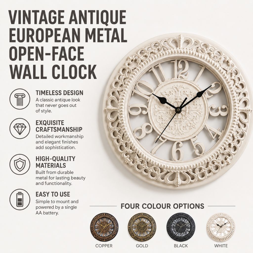 Vintage Antique European Metal Open-Face Wall Clock