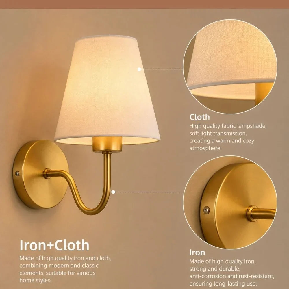 Vintage Curved Arm Metal Wall Sconce with Fabric Conical Shade
