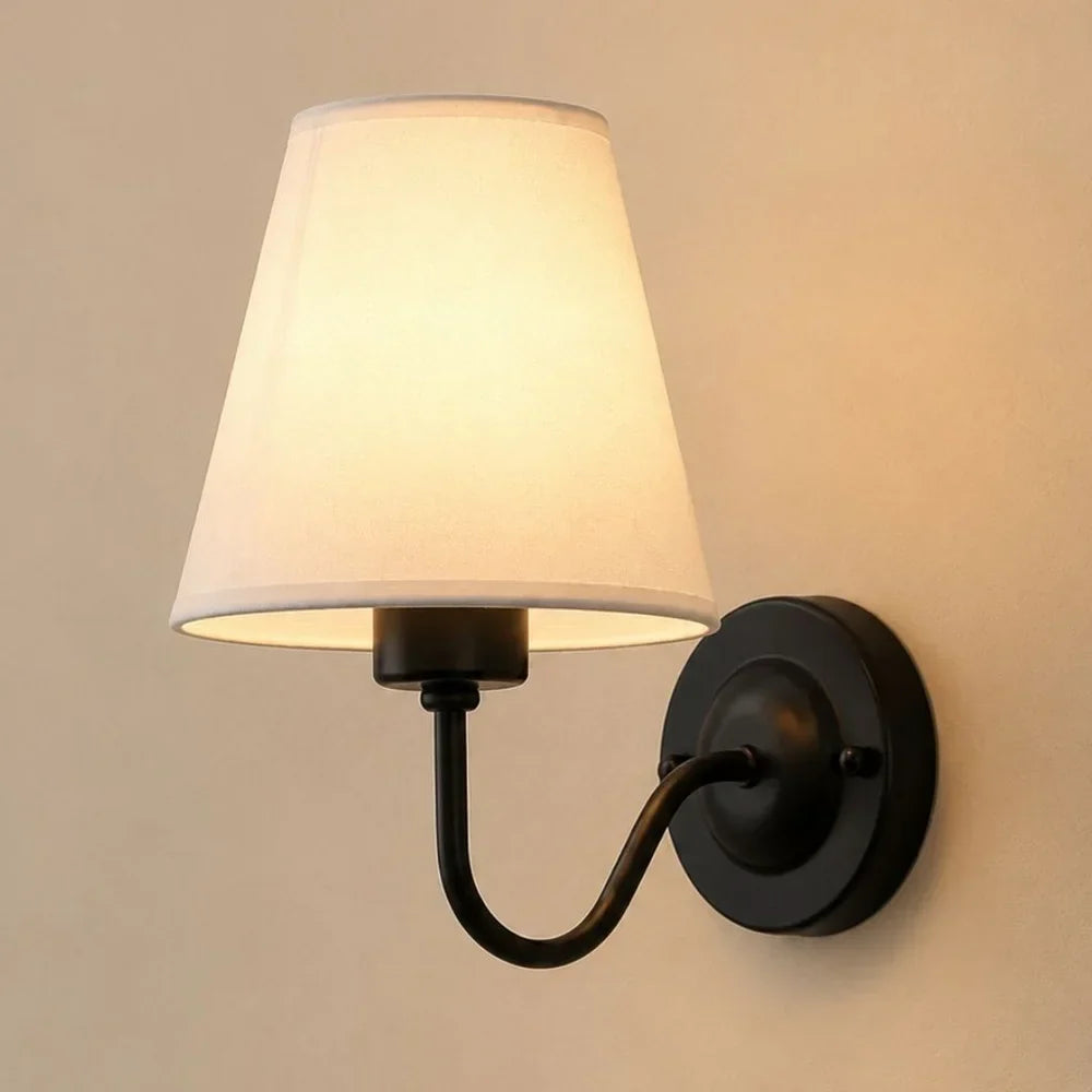 Vintage Curved Arm Metal Wall Sconce with Fabric Conical Shade
