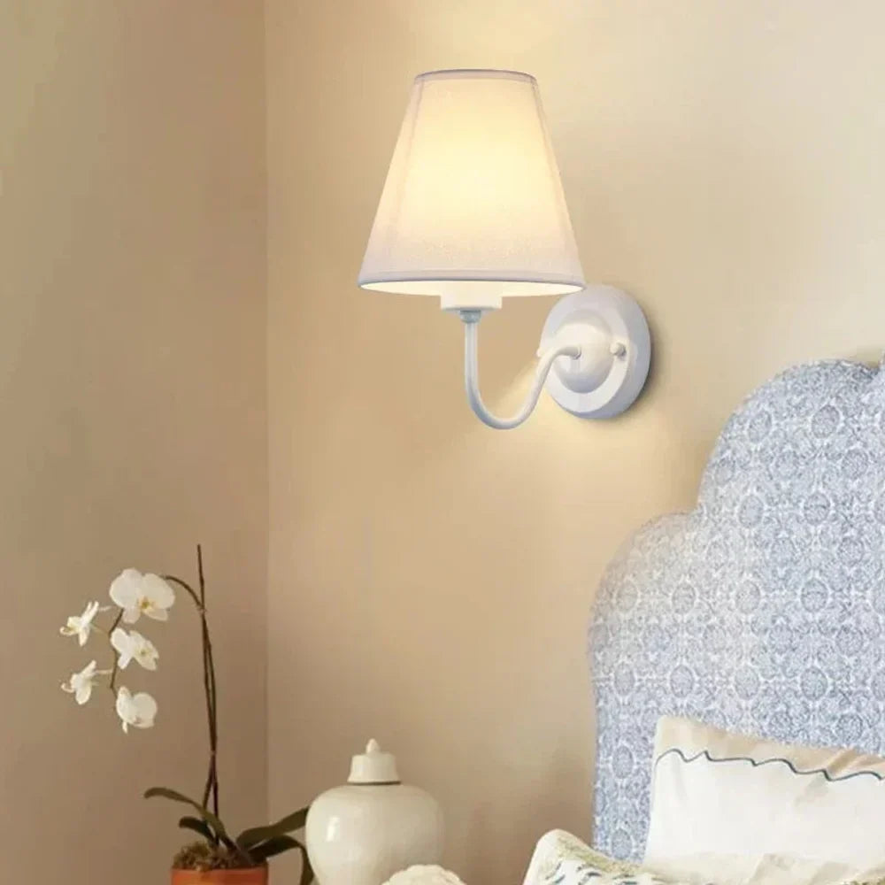 Vintage Curved Arm Metal Wall Sconce with Fabric Conical Shade