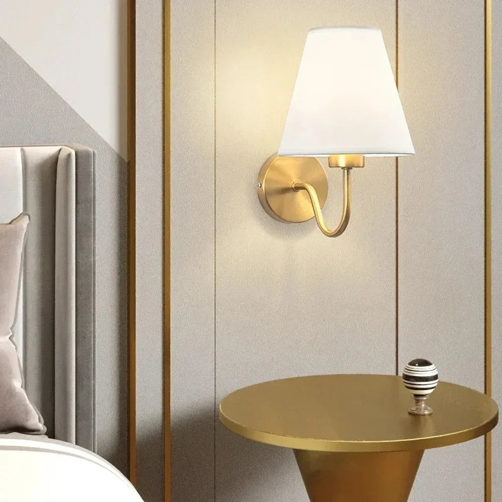 Vintage Curved Arm Metal Wall Sconce with Fabric Conical Shade