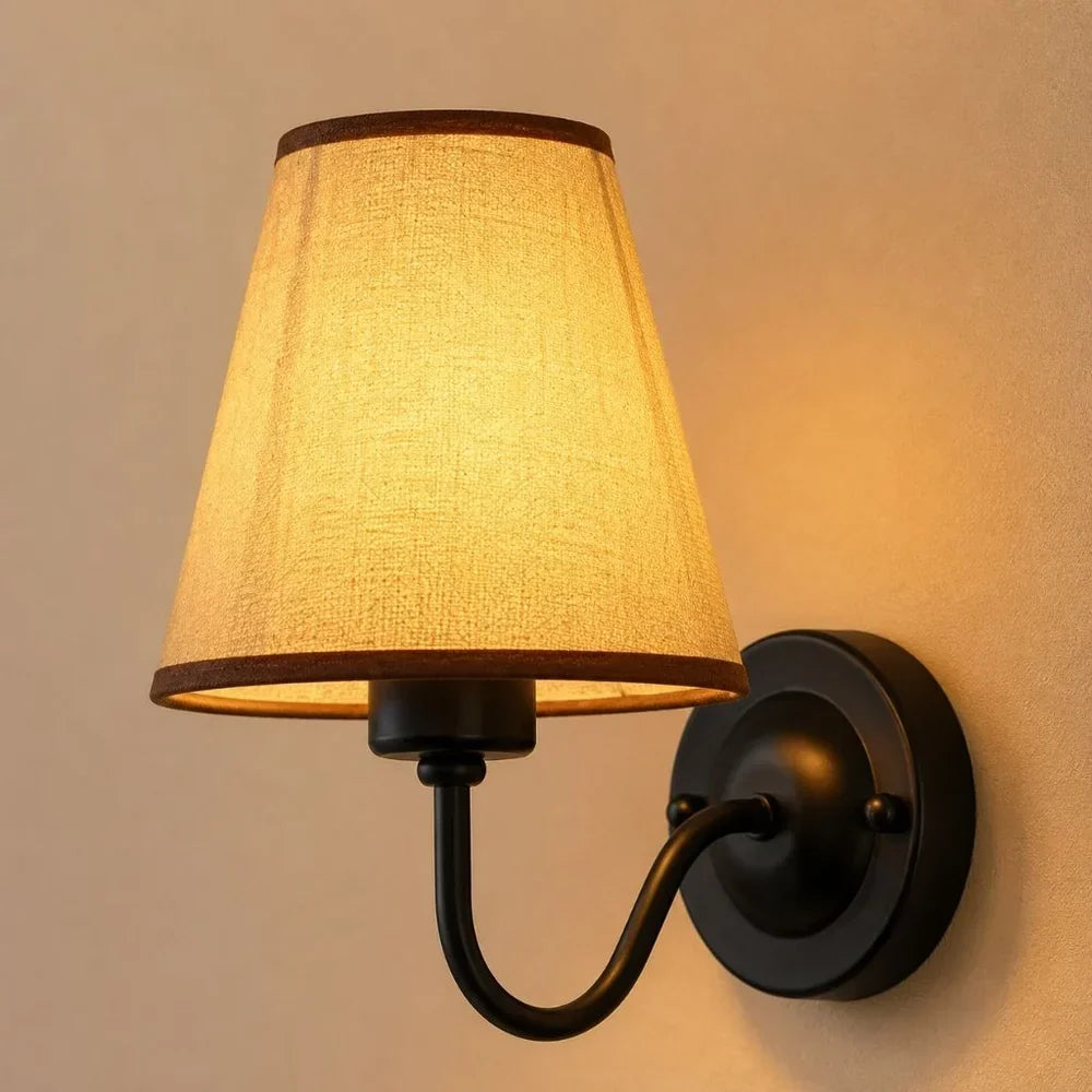 Vintage Curved Arm Metal Wall Sconce with Fabric Conical Shade