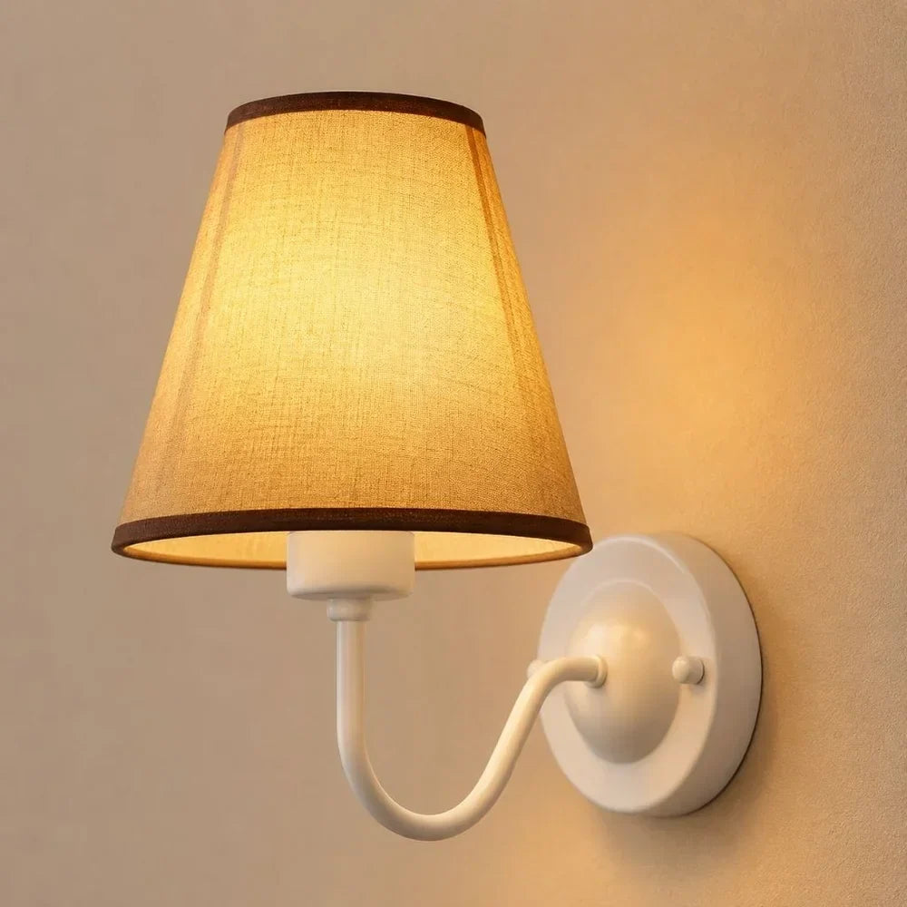 Vintage Curved Arm Metal Wall Sconce with Fabric Conical Shade