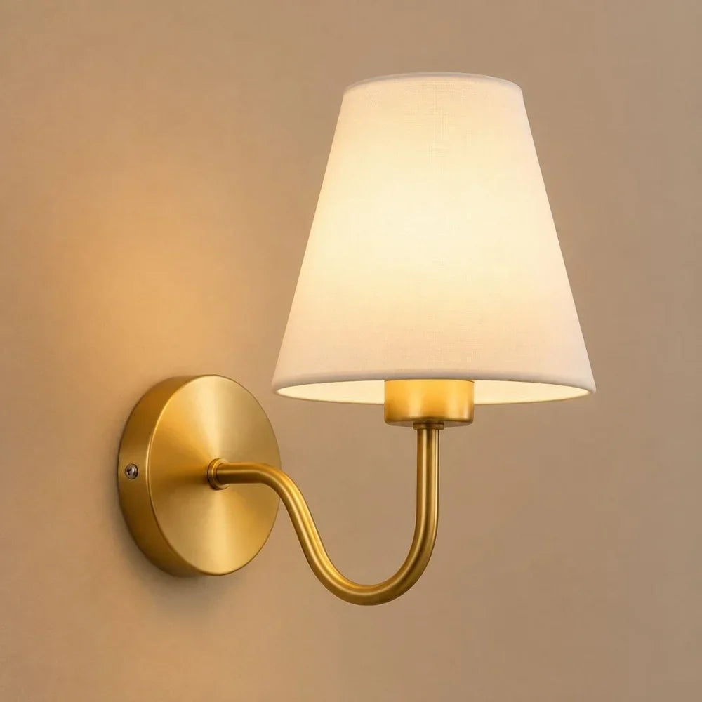 Vintage Curved Arm Metal Wall Sconce with Fabric Conical Shade