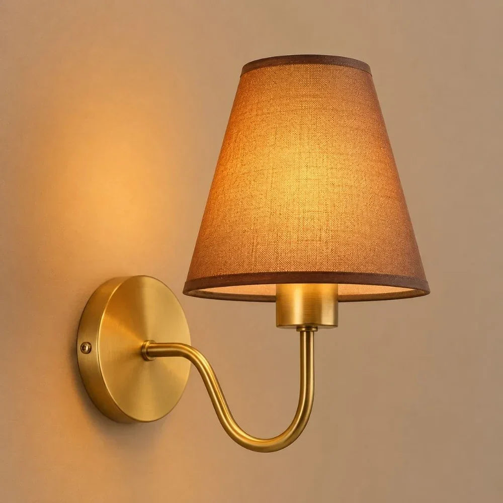 Vintage Curved Arm Metal Wall Sconce with Fabric Conical Shade