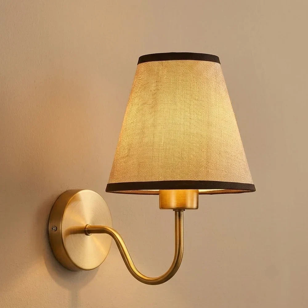 Vintage Curved Arm Metal Wall Sconce with Fabric Conical Shade
