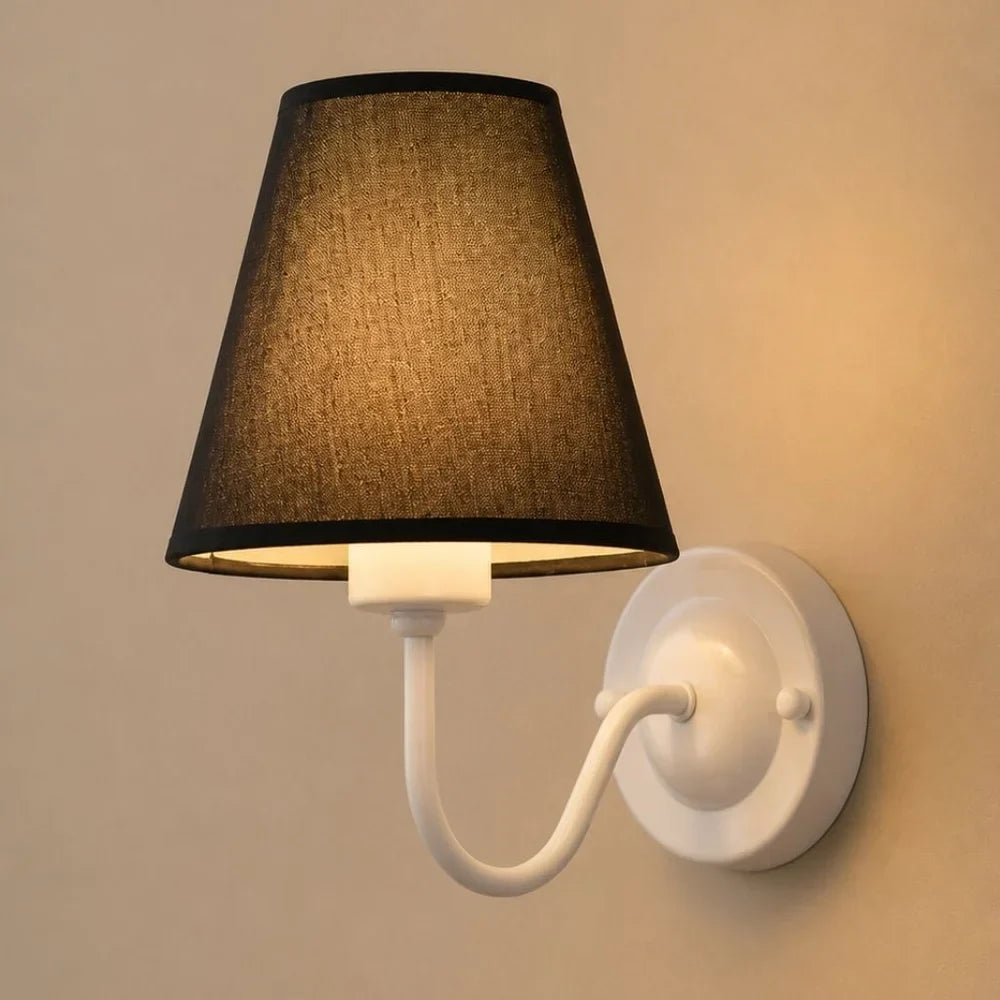 Vintage Curved Arm Metal Wall Sconce with Fabric Conical Shade