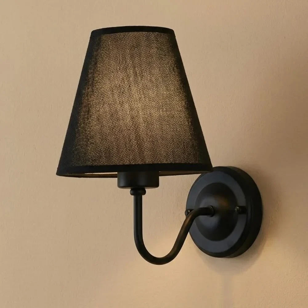 Vintage Curved Arm Metal Wall Sconce with Fabric Conical Shade