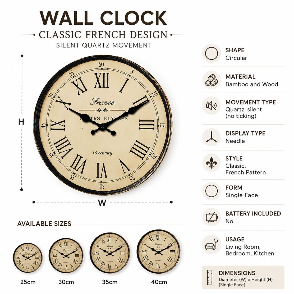 Wall Clock Classic French Design - Silent Quartz Movement
