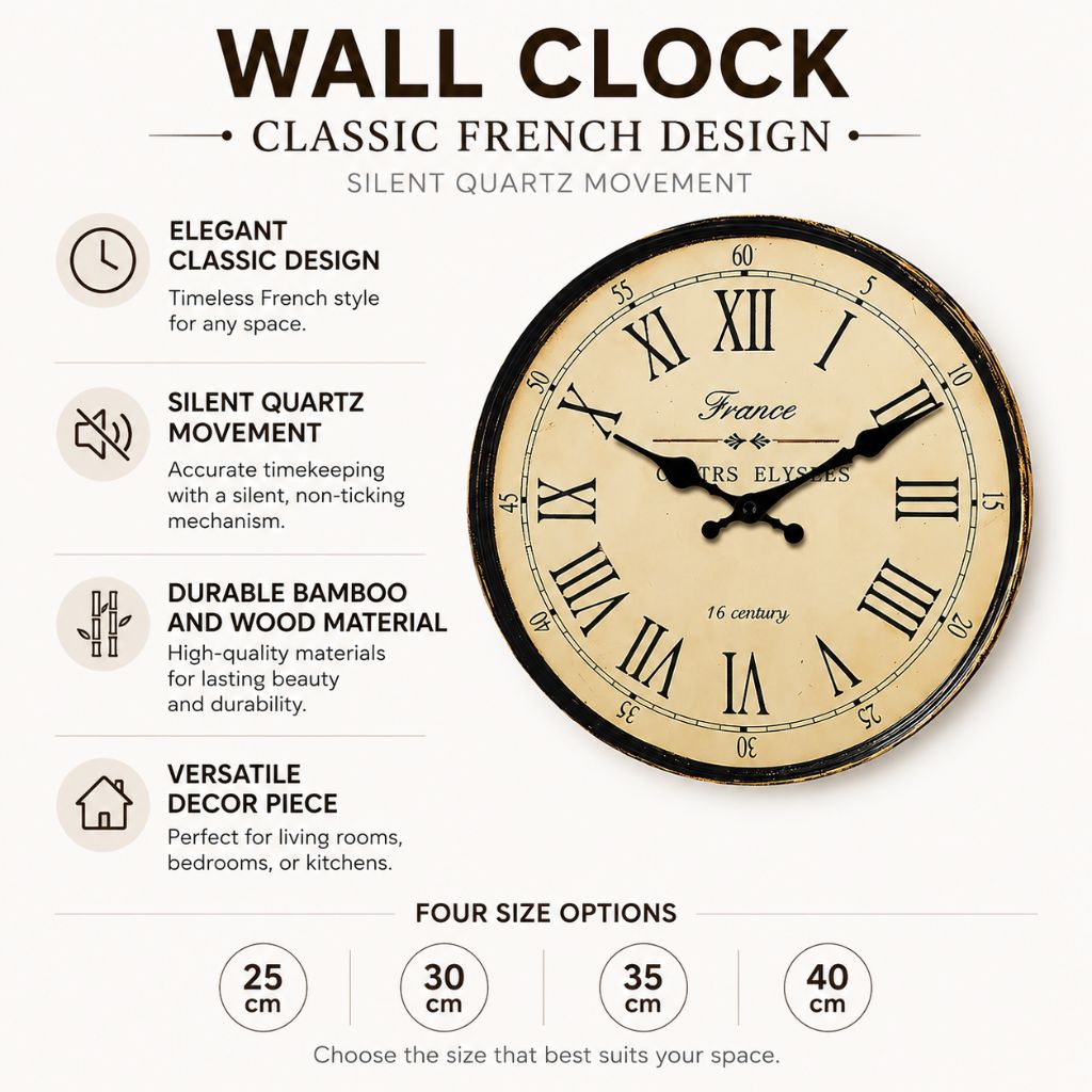 Wall Clock Classic French Design - Silent Quartz Movement