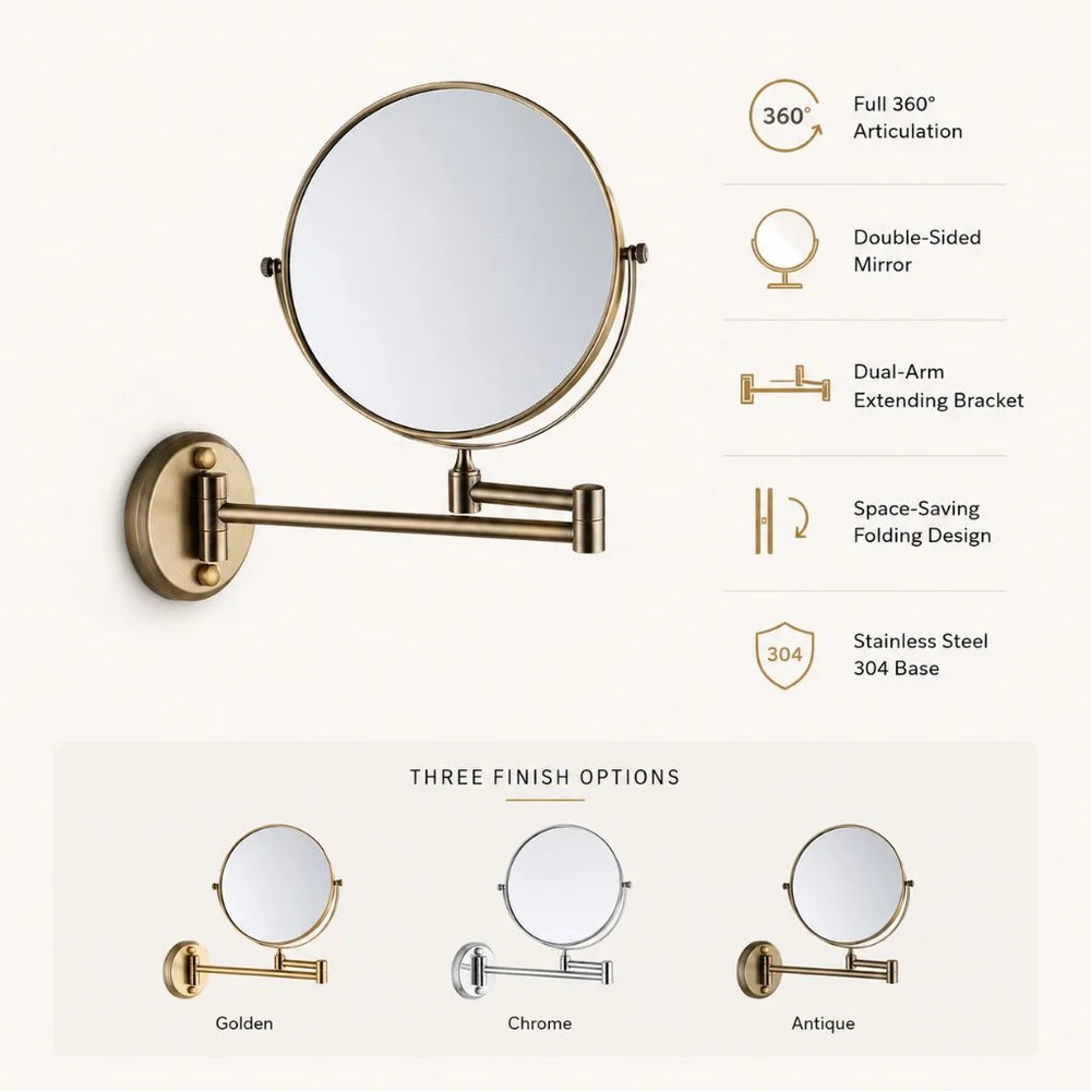 Wall Mounted Double Sided Makeup Mirror – Extending Folding Dual-Arm Bracket