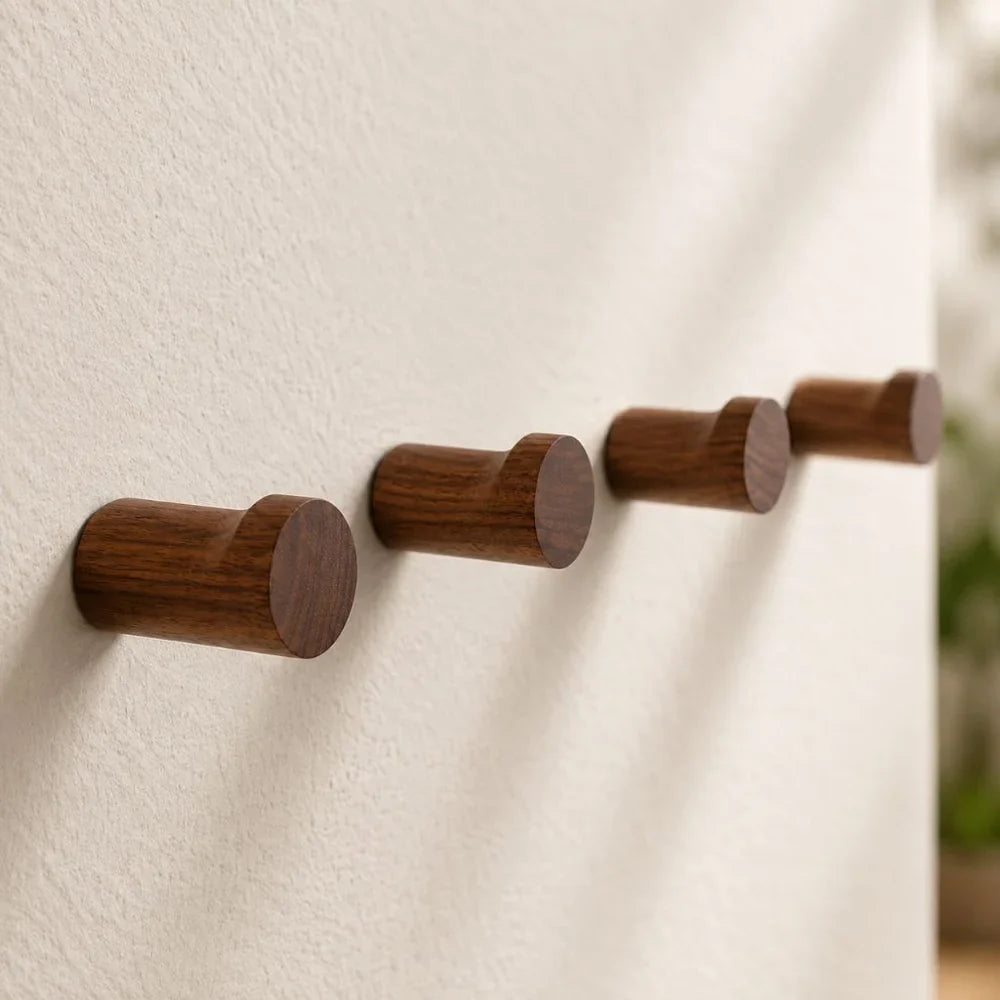 Walnut Wood Wall Hooks Set - Handcrafted Anti-Slip