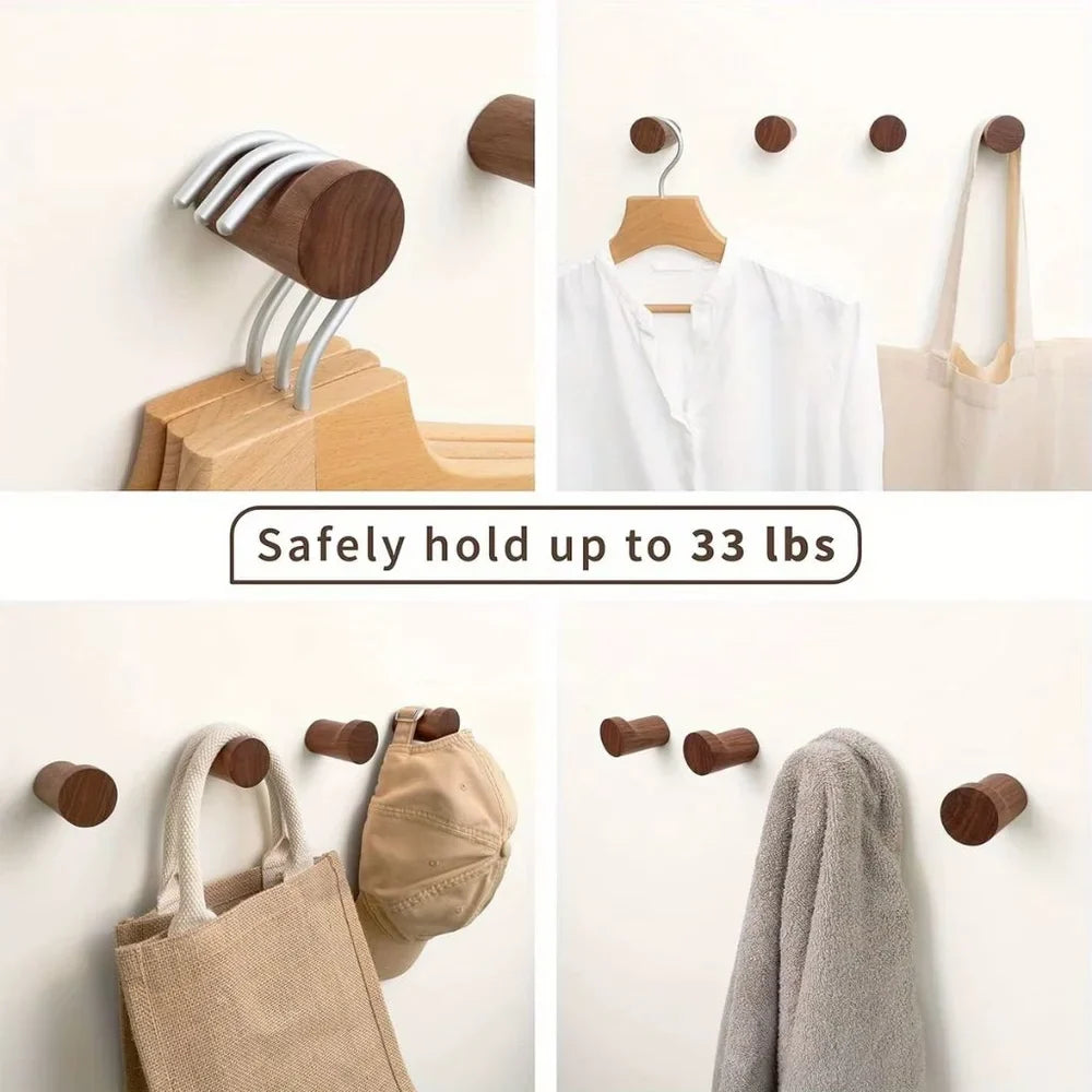 Walnut Wood Wall Hooks Set - Handcrafted Anti-Slip
