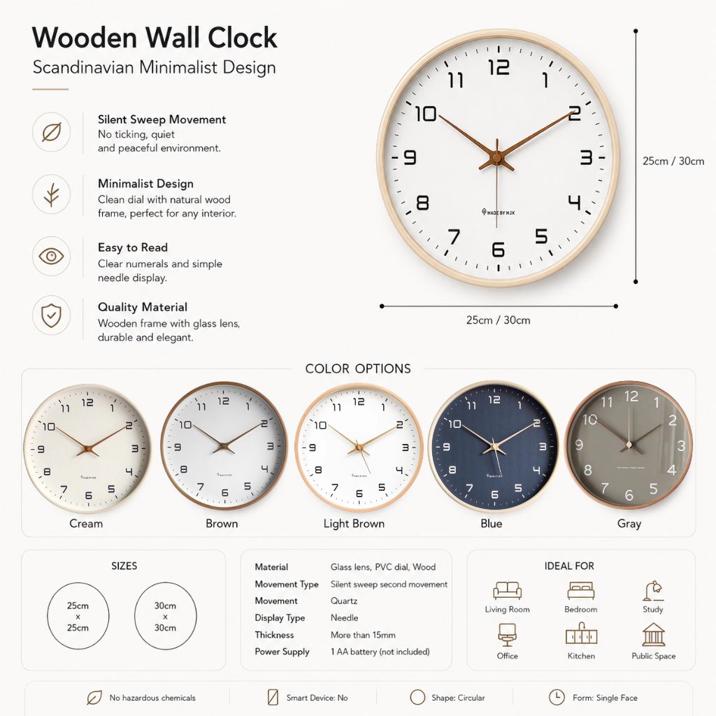 Wooden Wall Clock Scandinavian Minimalist Design