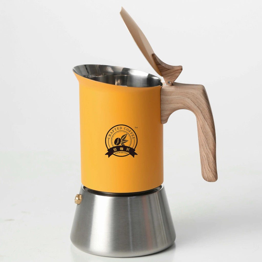 Yellow Induction Moka Pot Coffee Maker - Stainless Steel Nordic Design with Wooden Handle