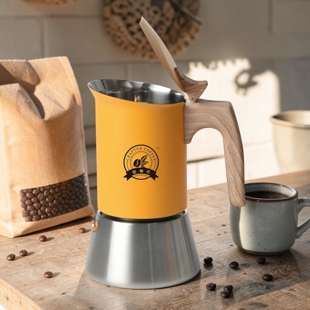Yellow Induction Moka Pot Coffee Maker - Stainless Steel Nordic Design with Wooden Handle