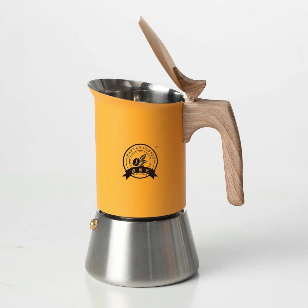 Yellow Induction Moka Pot Coffee Maker - Stainless Steel Nordic Design with Wooden Handle