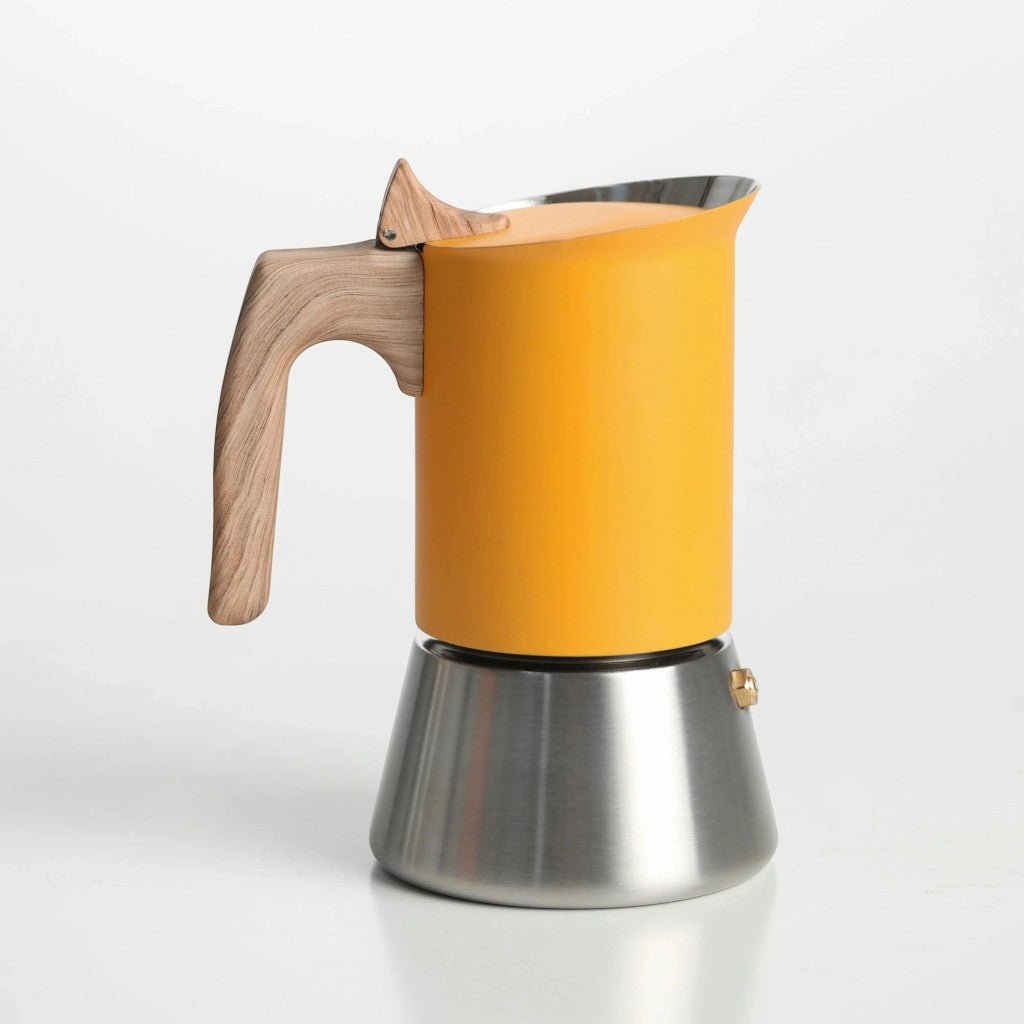 Yellow Induction Moka Pot Coffee Maker - Stainless Steel Nordic Design with Wooden Handle