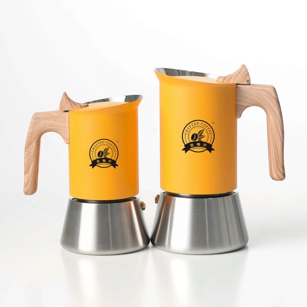 Yellow Induction Moka Pot Coffee Maker - Stainless Steel Nordic Design with Wooden Handle