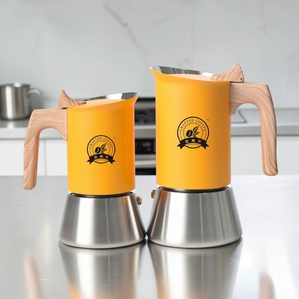 Yellow Induction Moka Pot Coffee Maker - Stainless Steel Nordic Design with Wooden Handle