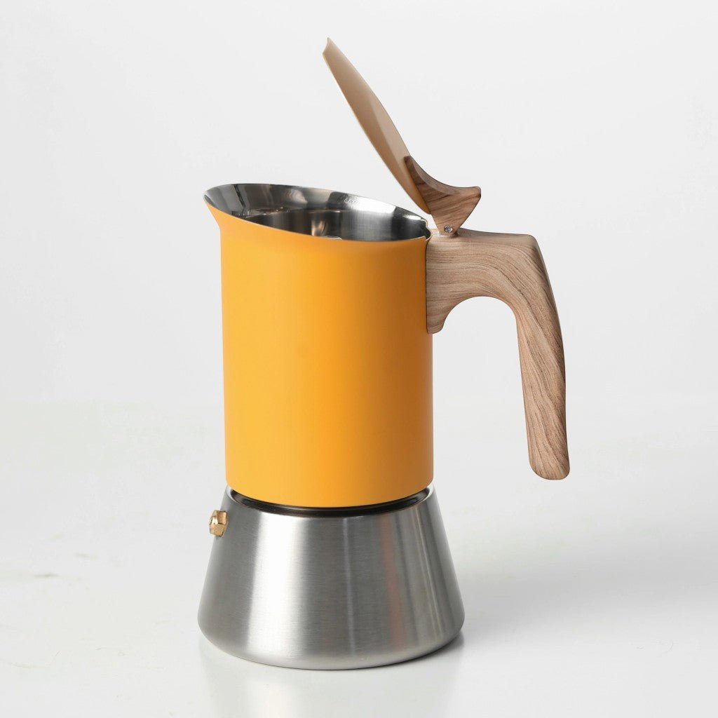 Yellow Induction Moka Pot Coffee Maker - Stainless Steel Nordic Design with Wooden Handle