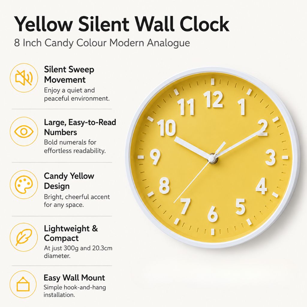 Yellow Silent Wall Clock 8 Inch Candy Colour Modern Analogue
