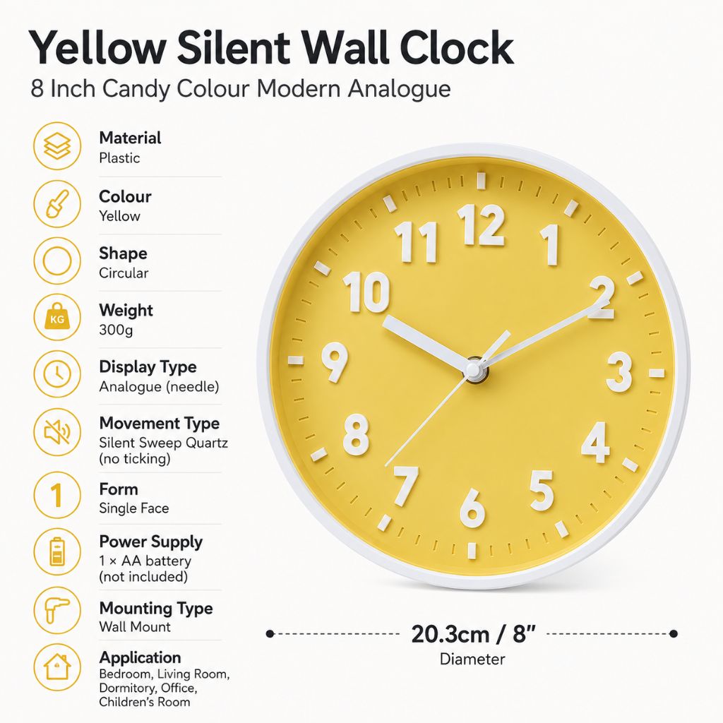 Yellow Silent Wall Clock 8 Inch Candy Colour Modern Analogue