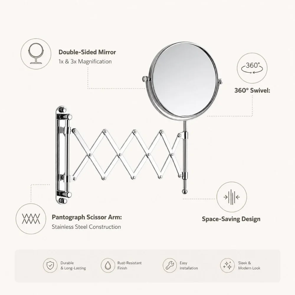 3x Magnifying Round Wall Makeup Mirror Double Sided Pantograph Arm