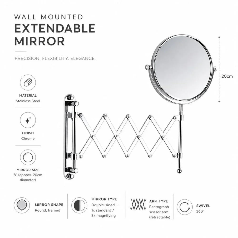 3x Magnifying Round Wall Makeup Mirror Double Sided Pantograph Arm