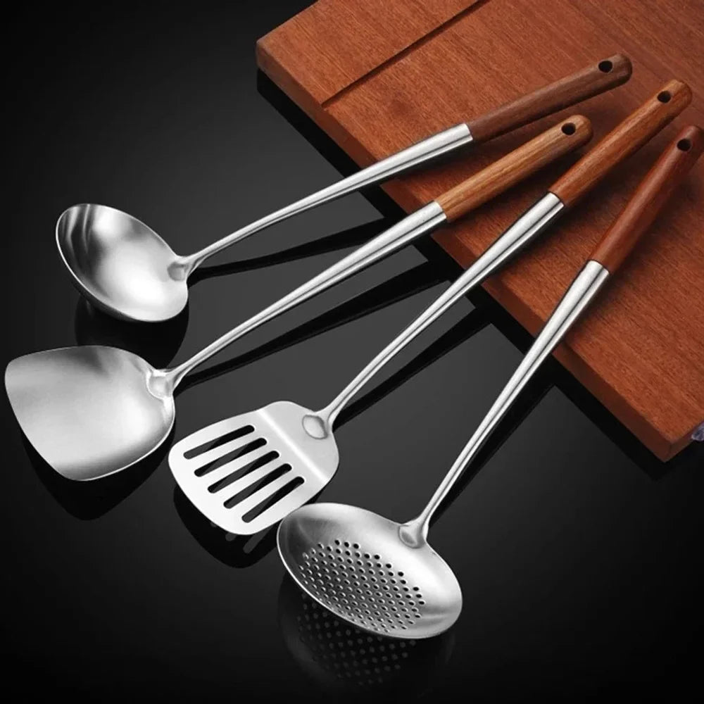 4pc Set Stainless Steel Cooking Utensils with Wooden Handles