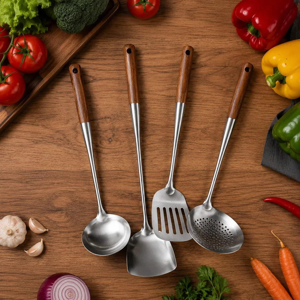4pc Set Stainless Steel Cooking Utensils with Wooden Handles