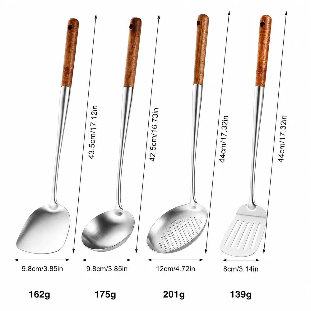 4pc Set Stainless Steel Cooking Utensils with Wooden Handles