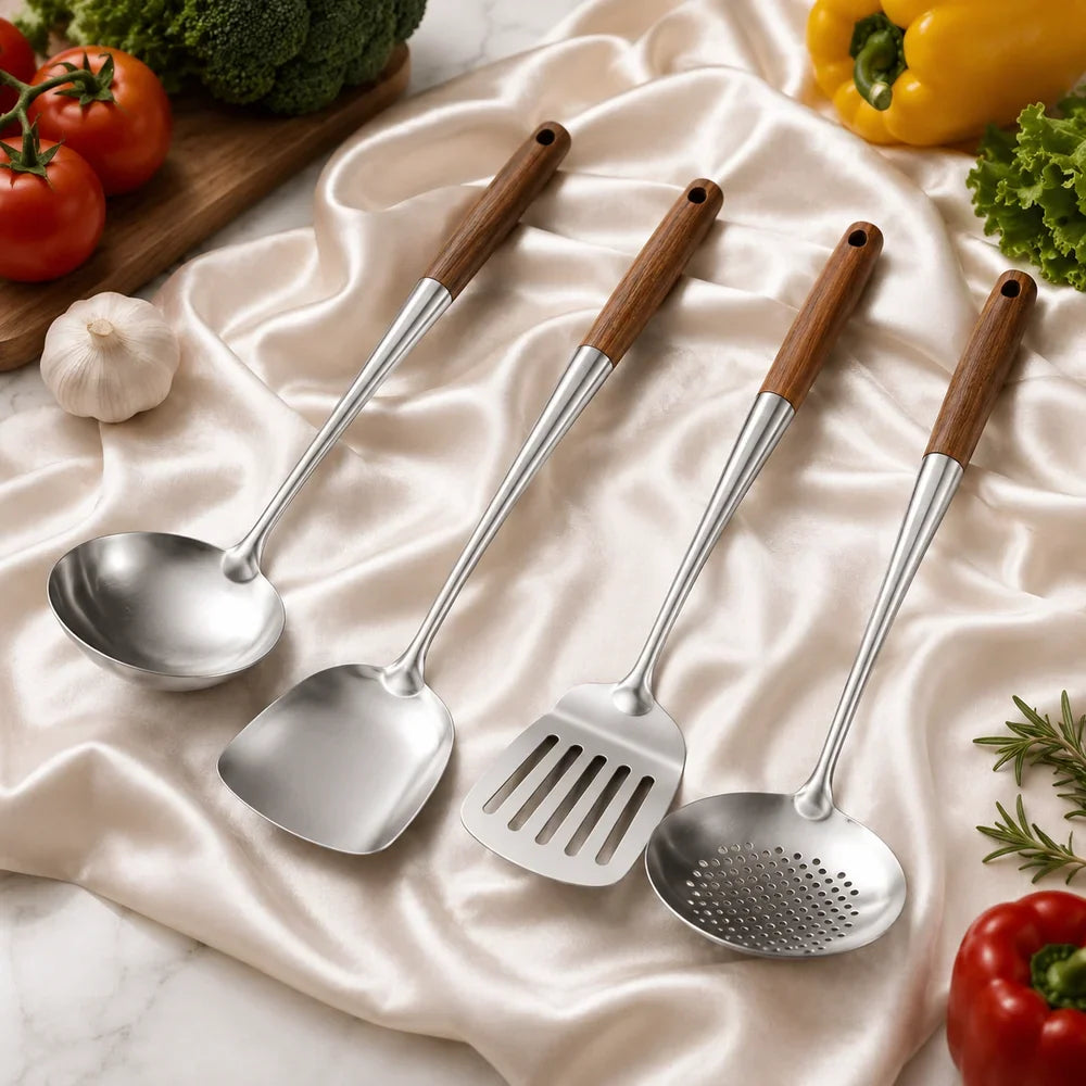 4pc Set Stainless Steel Cooking Utensils with Wooden Handles