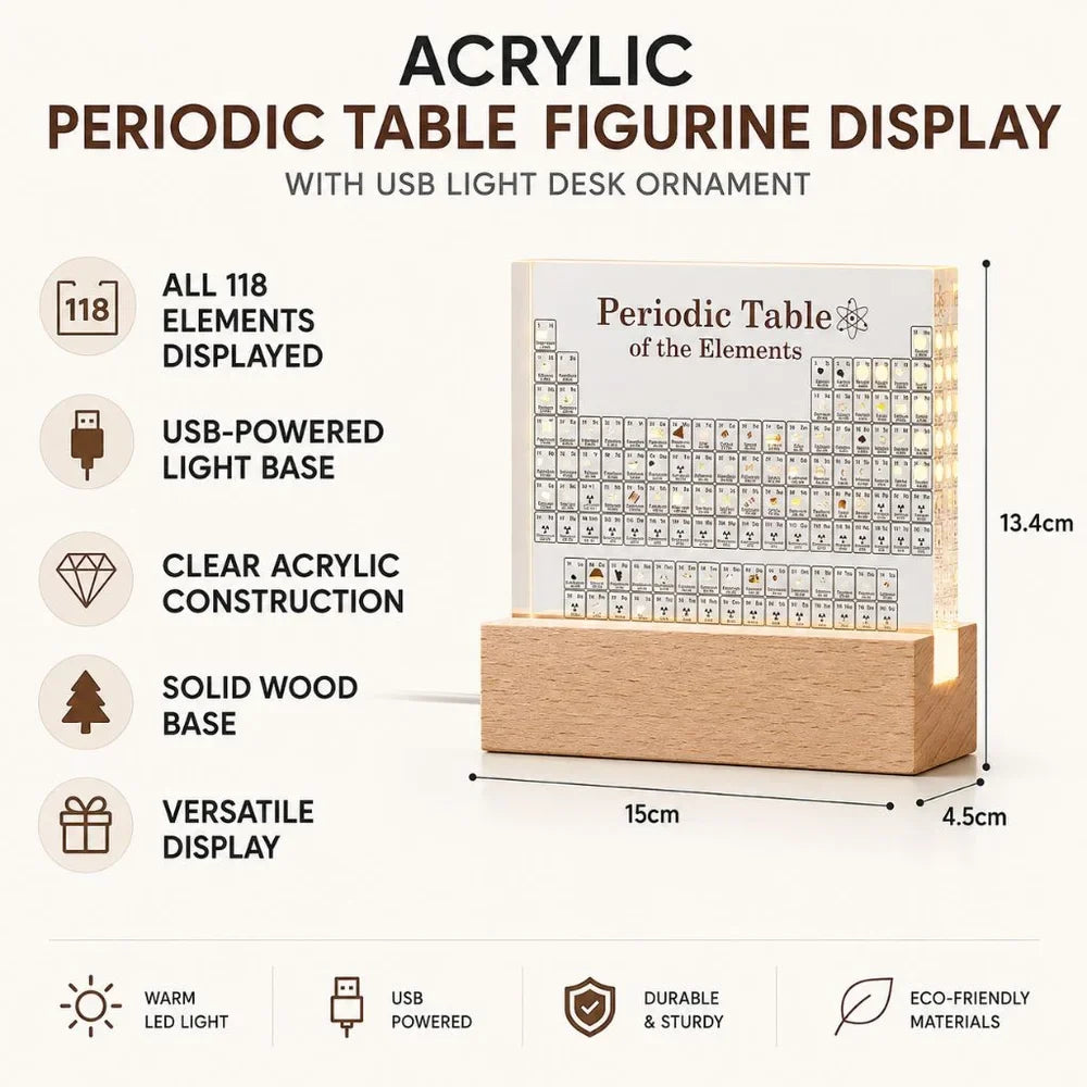 Acrylic Periodic Table Figurine Display with USB Light Desk Ornament