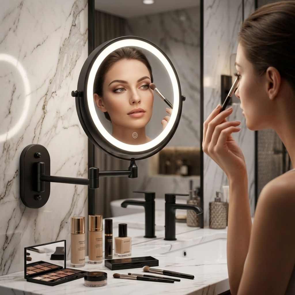 Black Rechargeable LED Mirror – Ideal for Makeup & Bathroom Use