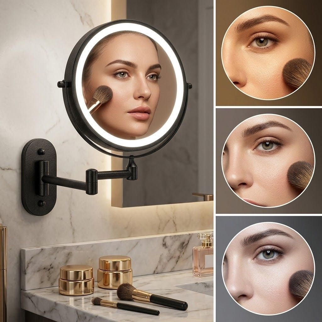 Black Rechargeable LED Mirror – Ideal for Makeup & Bathroom Use