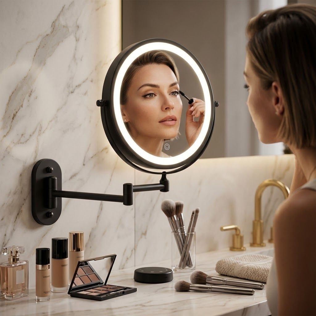 Black Rechargeable LED Mirror – Ideal for Makeup & Bathroom Use