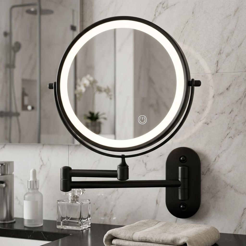 Black Rechargeable LED Mirror – Ideal for Makeup & Bathroom Use