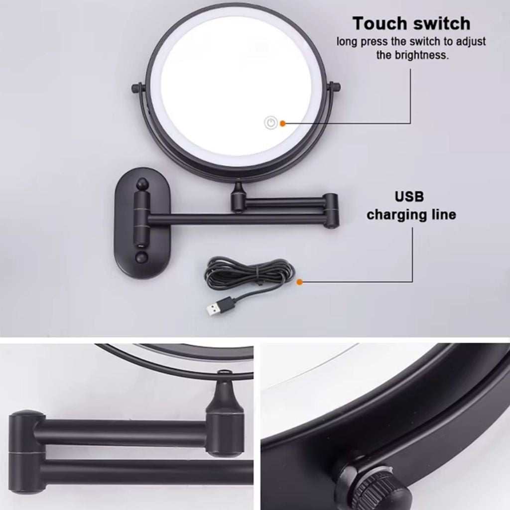 Black Rechargeable LED Mirror – Ideal for Makeup & Bathroom Use