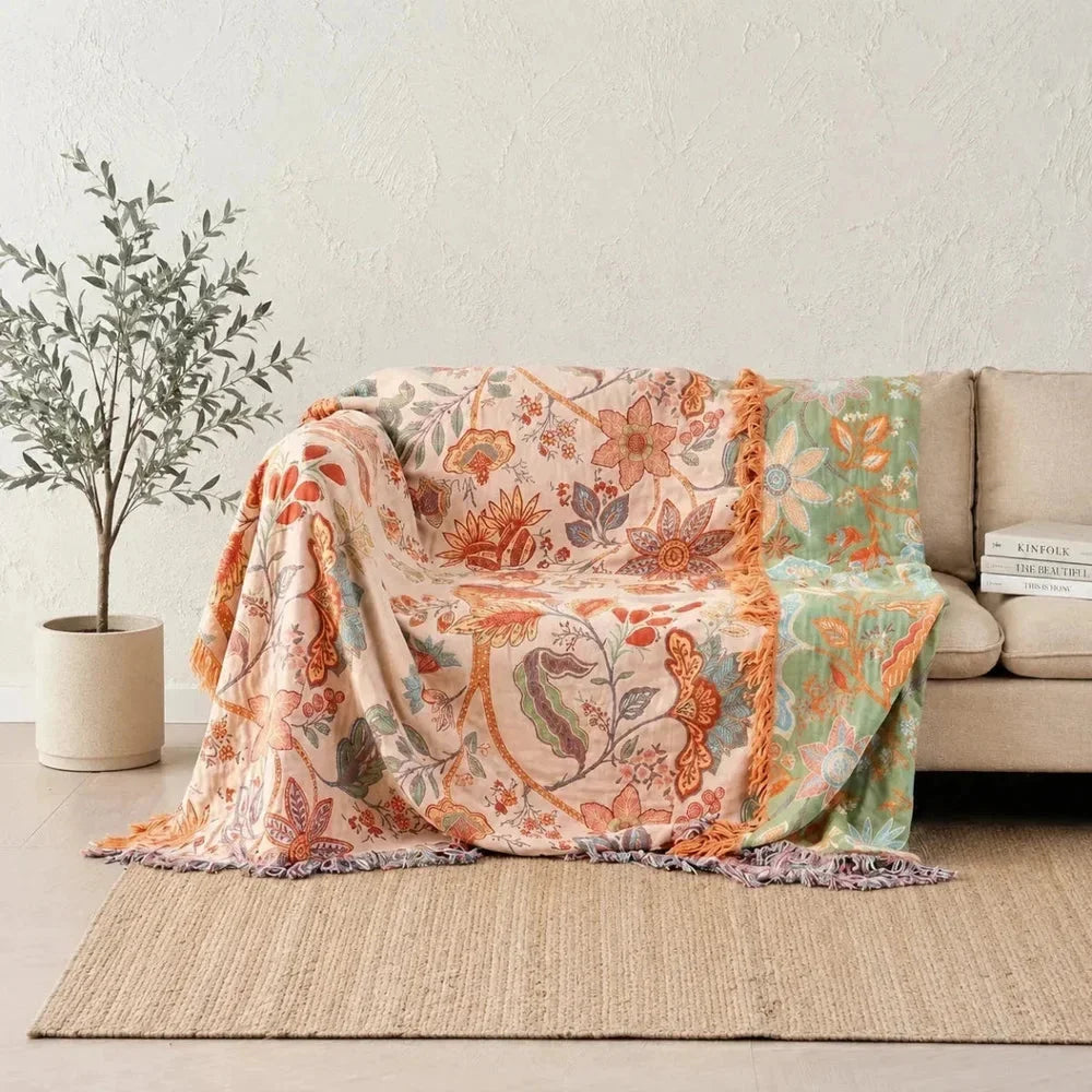 Cotton Floral Throw Blanket – Rustic Boho Fringe