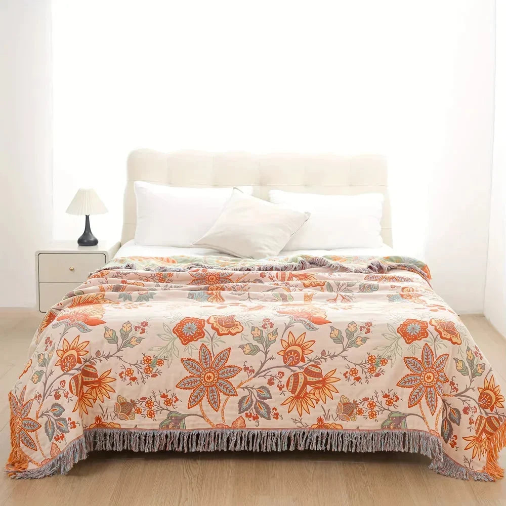 Cotton Floral Throw Blanket – Rustic Boho Fringe